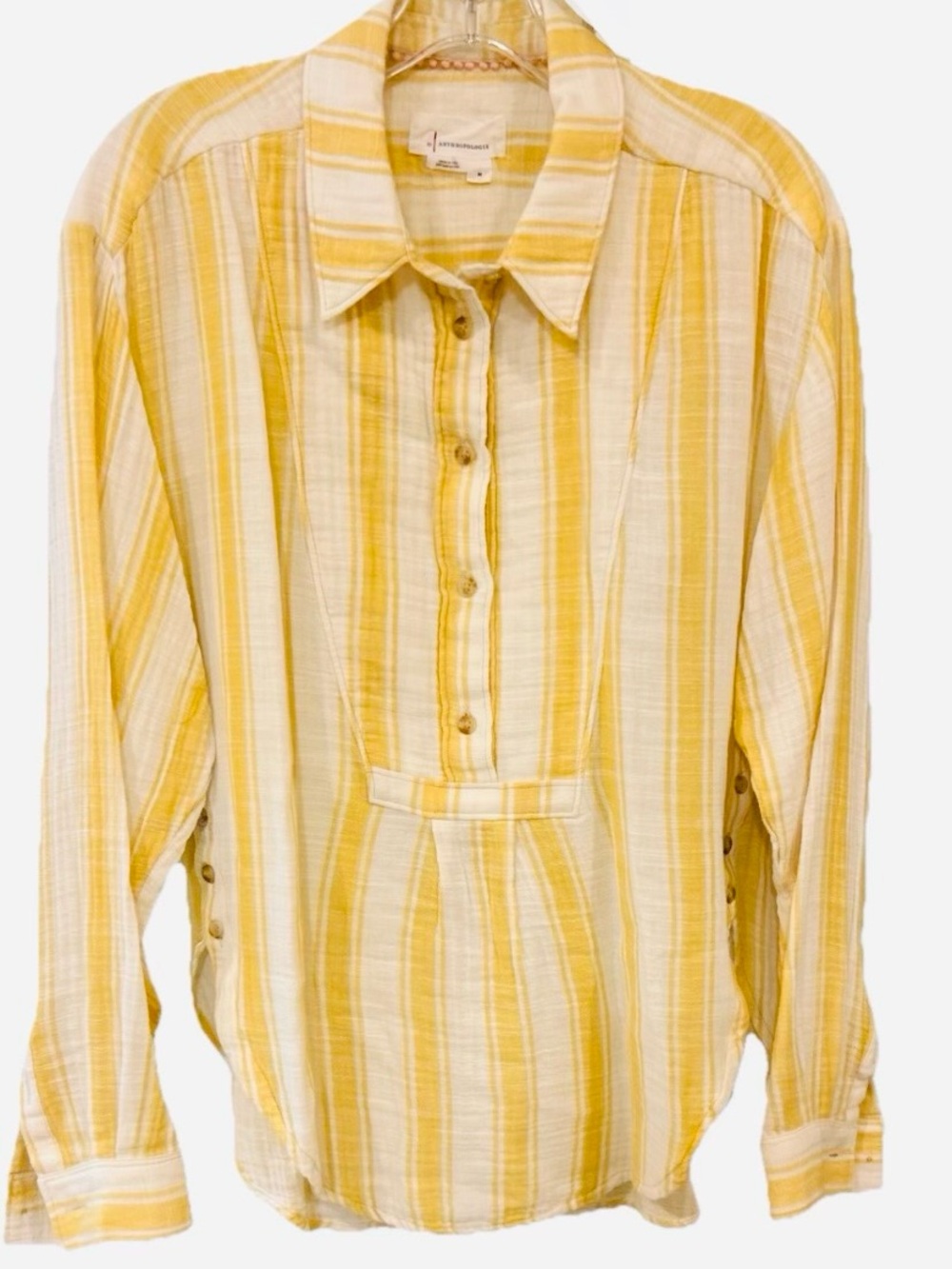 Anthropologie Yellow Stripe Cotton Tunic Blouse Side Button Detail Size M